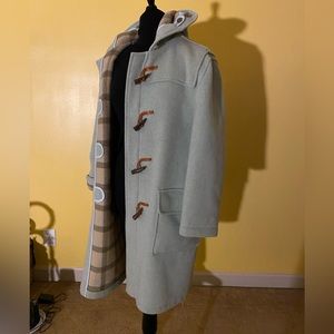GLOVERALL, hoodie, duffle coat, blue, tan, plaid, winter coat.